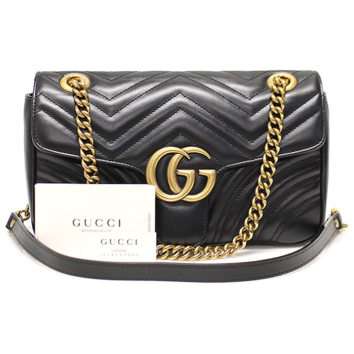 Gucci(구찌) 443497 블랙 마틀라세 쉐브론 금장 체인 GG 마몽 스몰 숄더백