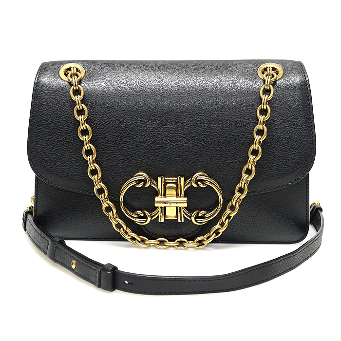 Ferragamo(페라가모) 21 I330 블랙 카프스킨 금장 더블 간치니 체인 숄더백