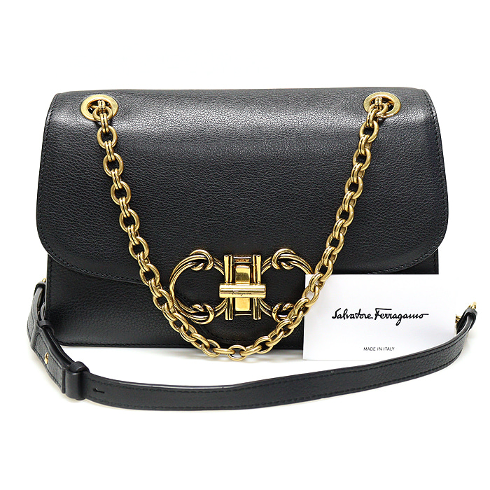 Ferragamo(페라가모) 21 I330 블랙 카프스킨 금장 더블 간치니 체인 숄더백