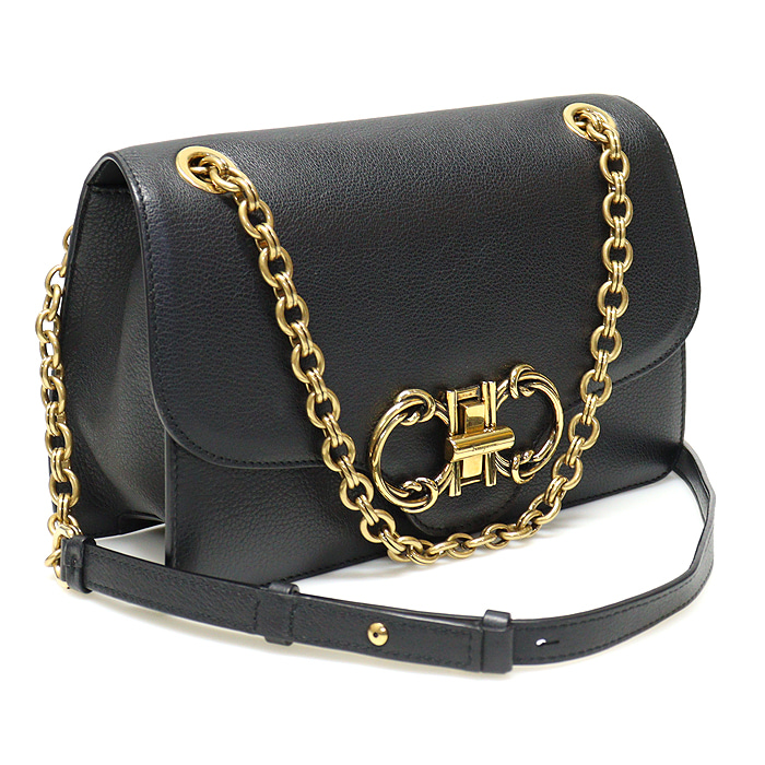 Ferragamo(페라가모) 21 I330 블랙 카프스킨 금장 더블 간치니 체인 숄더백