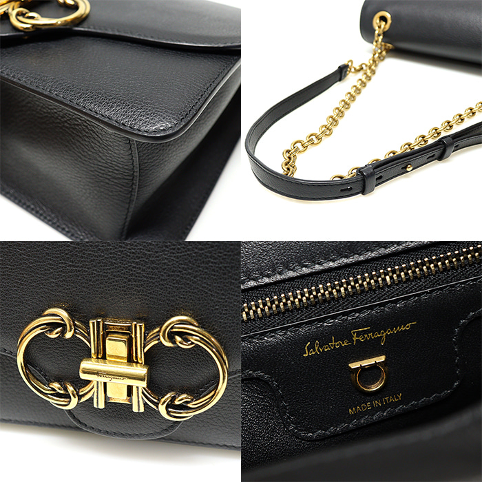Ferragamo(페라가모) 21 I330 블랙 카프스킨 금장 더블 간치니 체인 숄더백